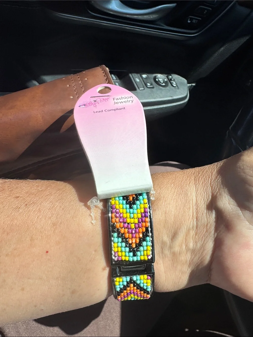 Fashion Jewelry Black Beaded Wristband with Yellow & Purple Chevron Accents